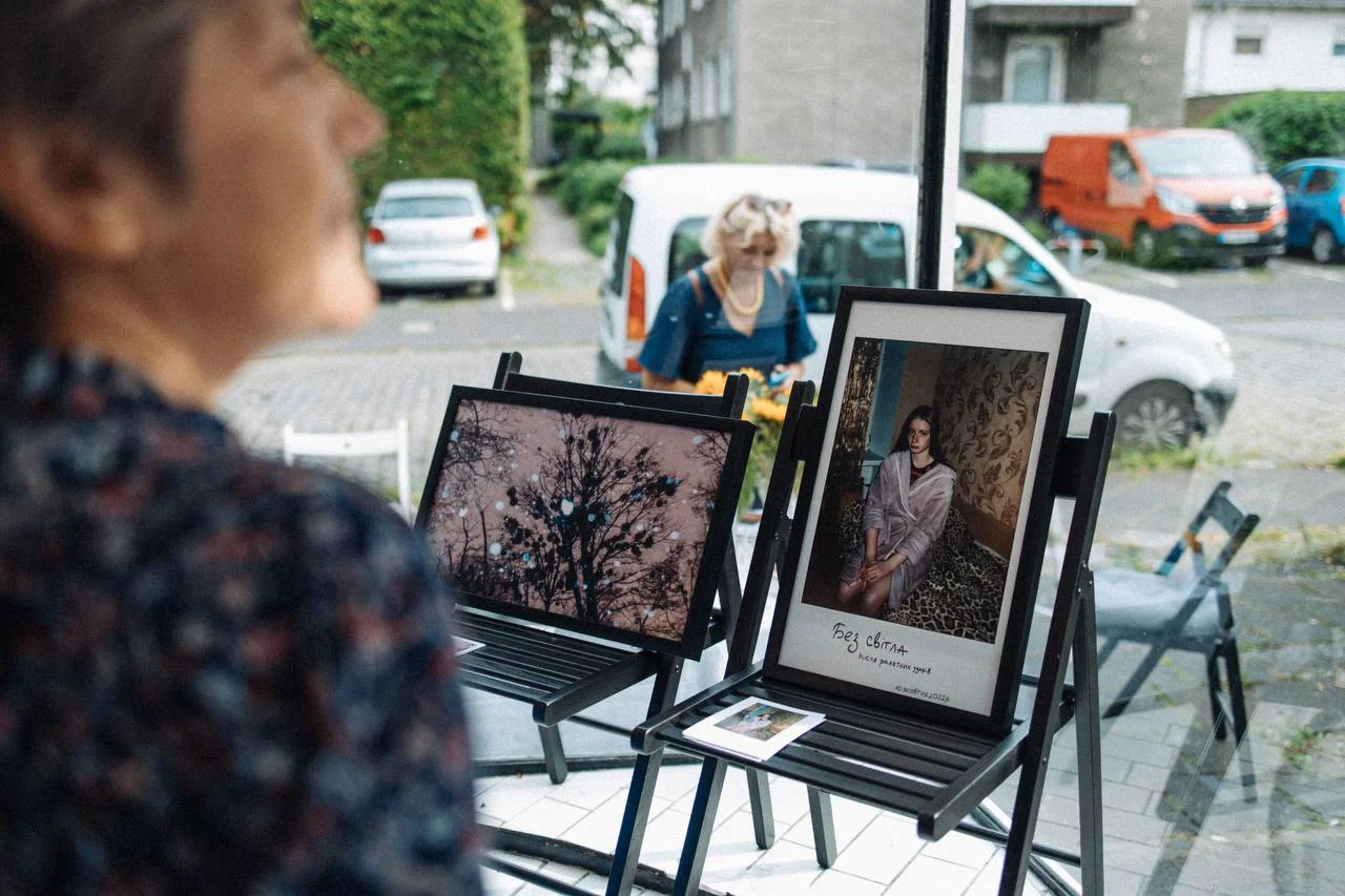 Woman looking at photos