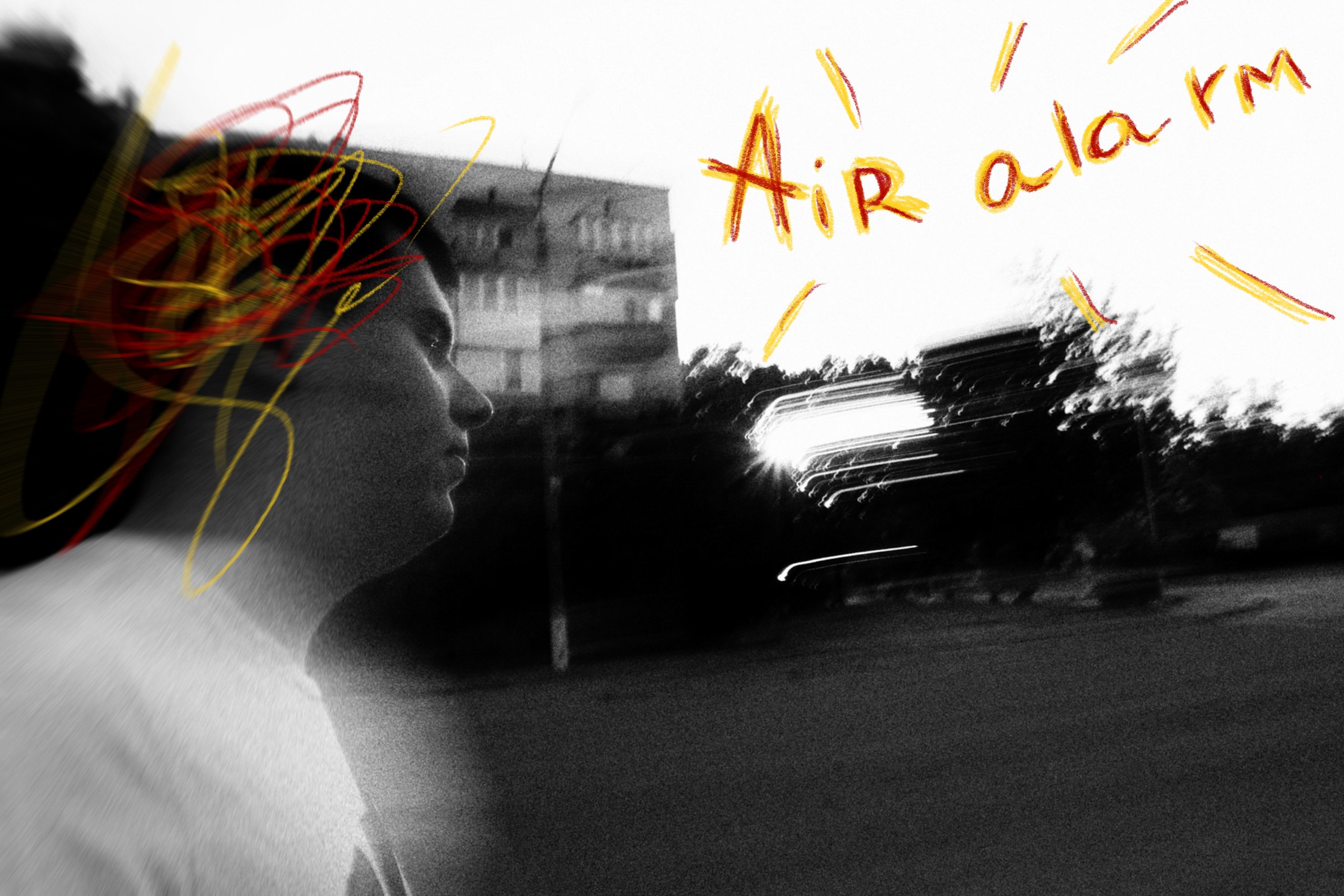 Air alarm drawn over a street scene
