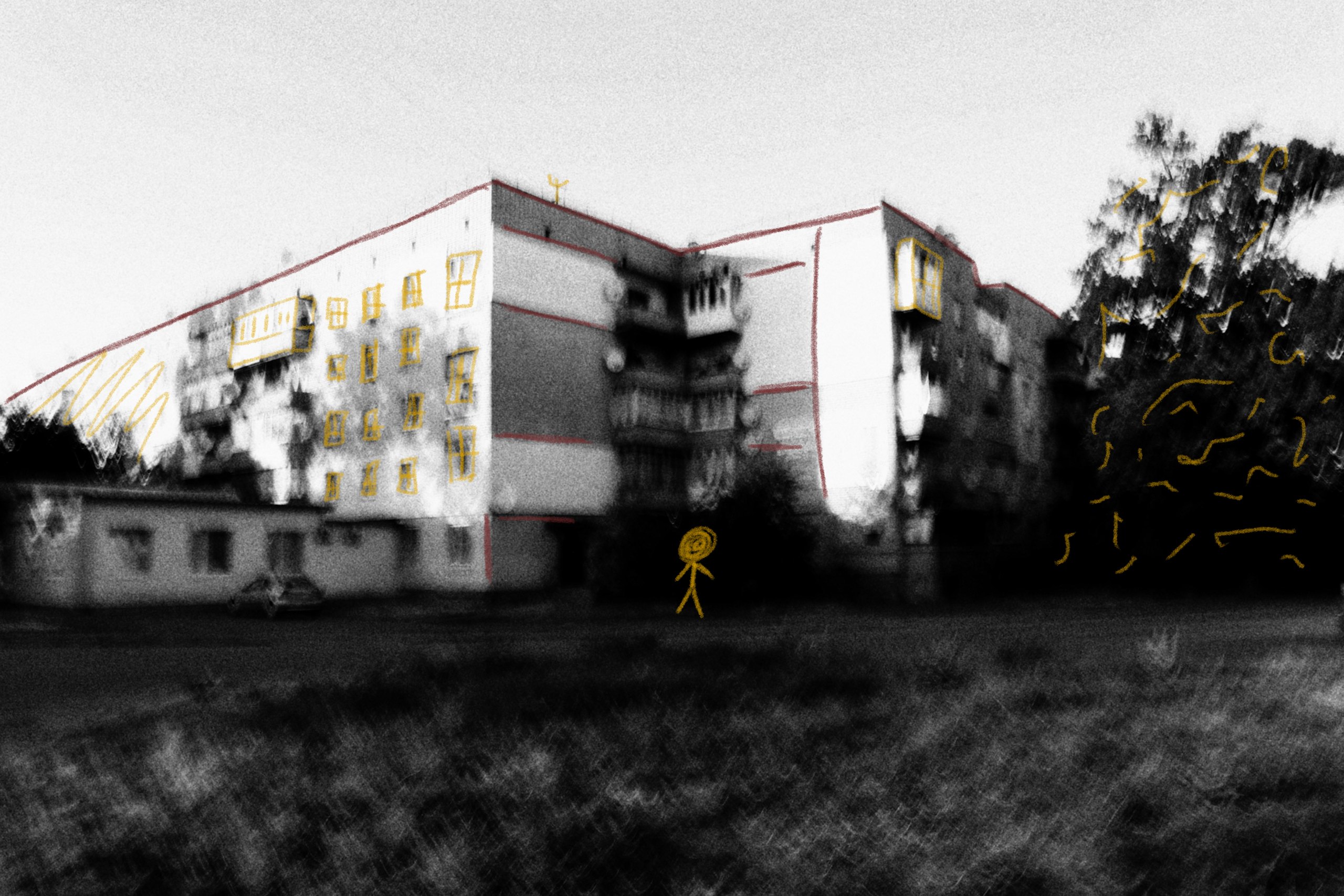 Apartment block, black and white