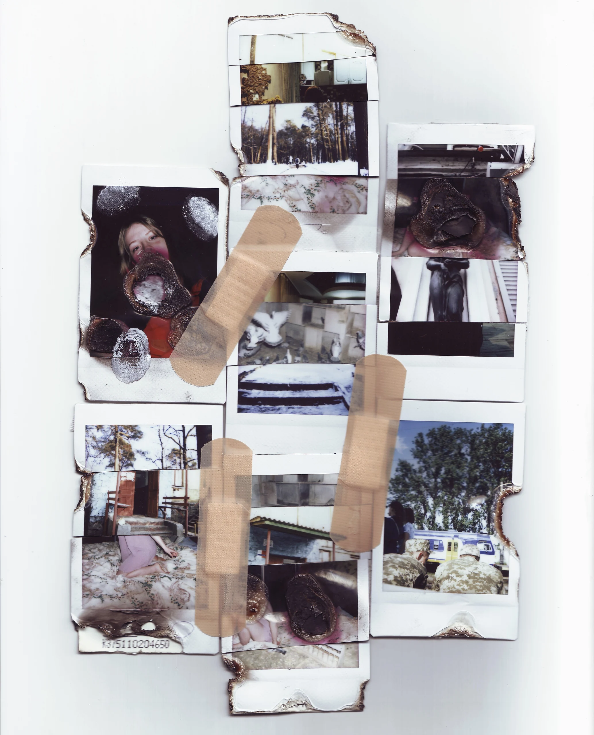 Burnt polaroids held together with plasters