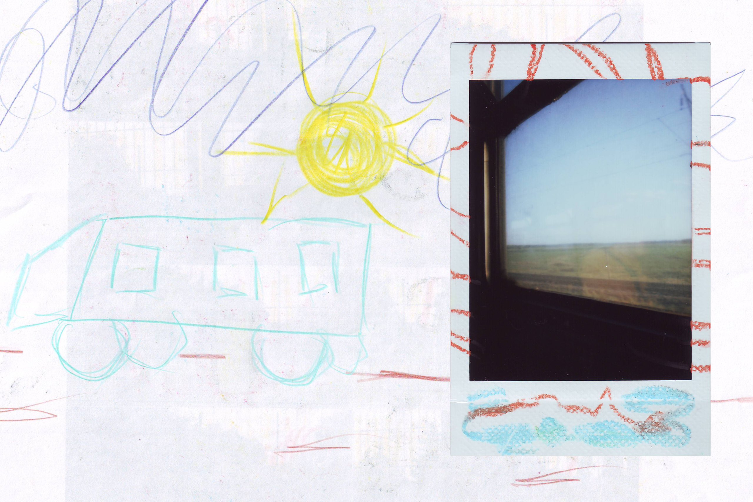 Child's drawing of a bus and a sun beside a polaroid of a window
