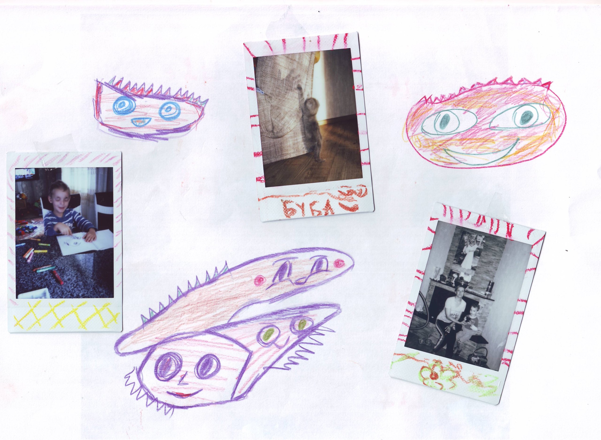 Drawn faces and polaroids