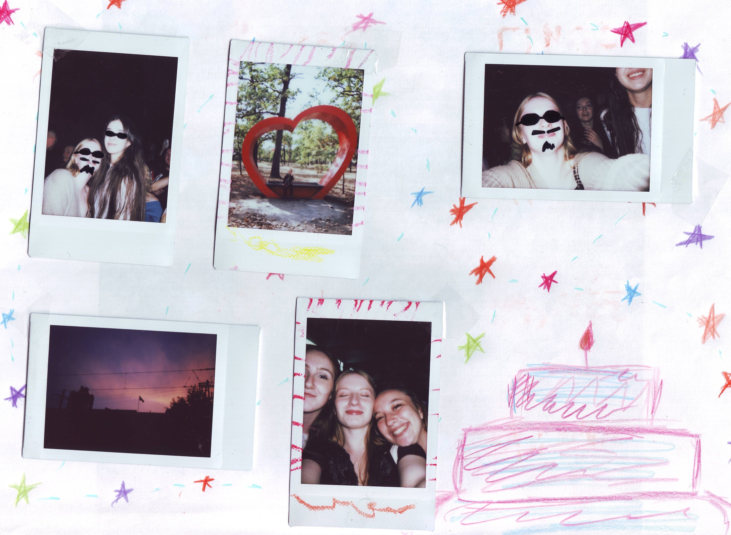 Polaroids among coloured drawings