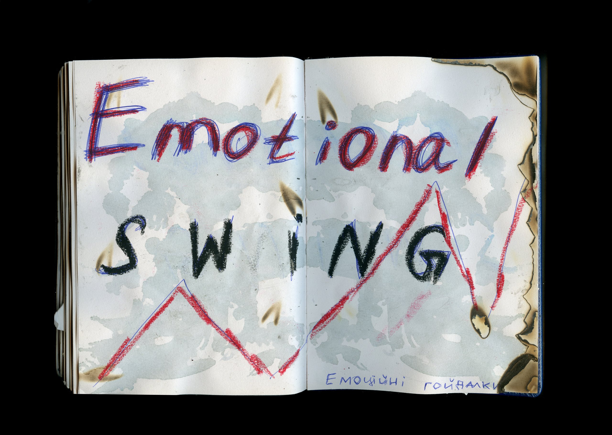 Sketchbook spread with the words Emotional Swing painted in blue and red