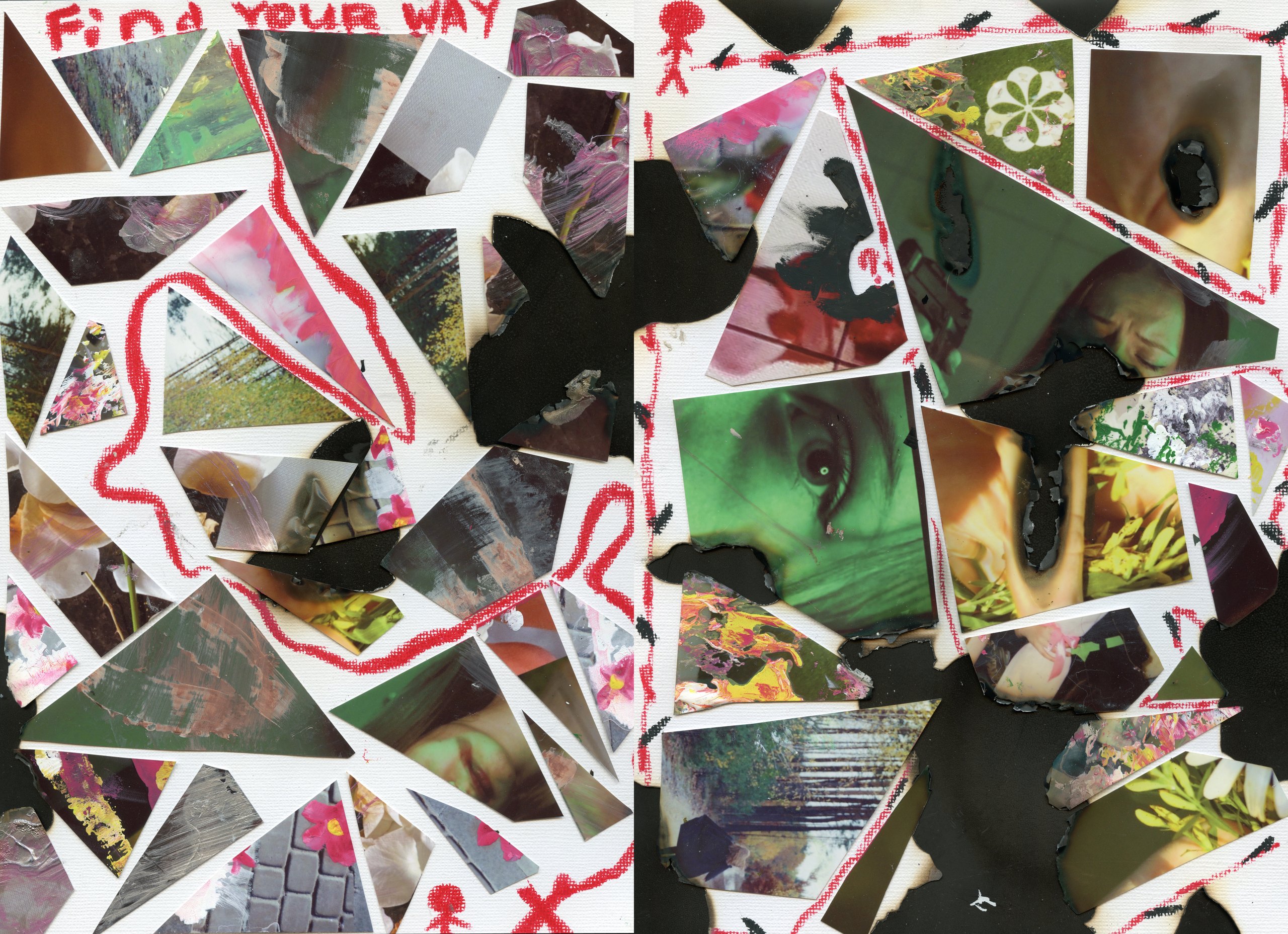 Collage with Find your way painted in red