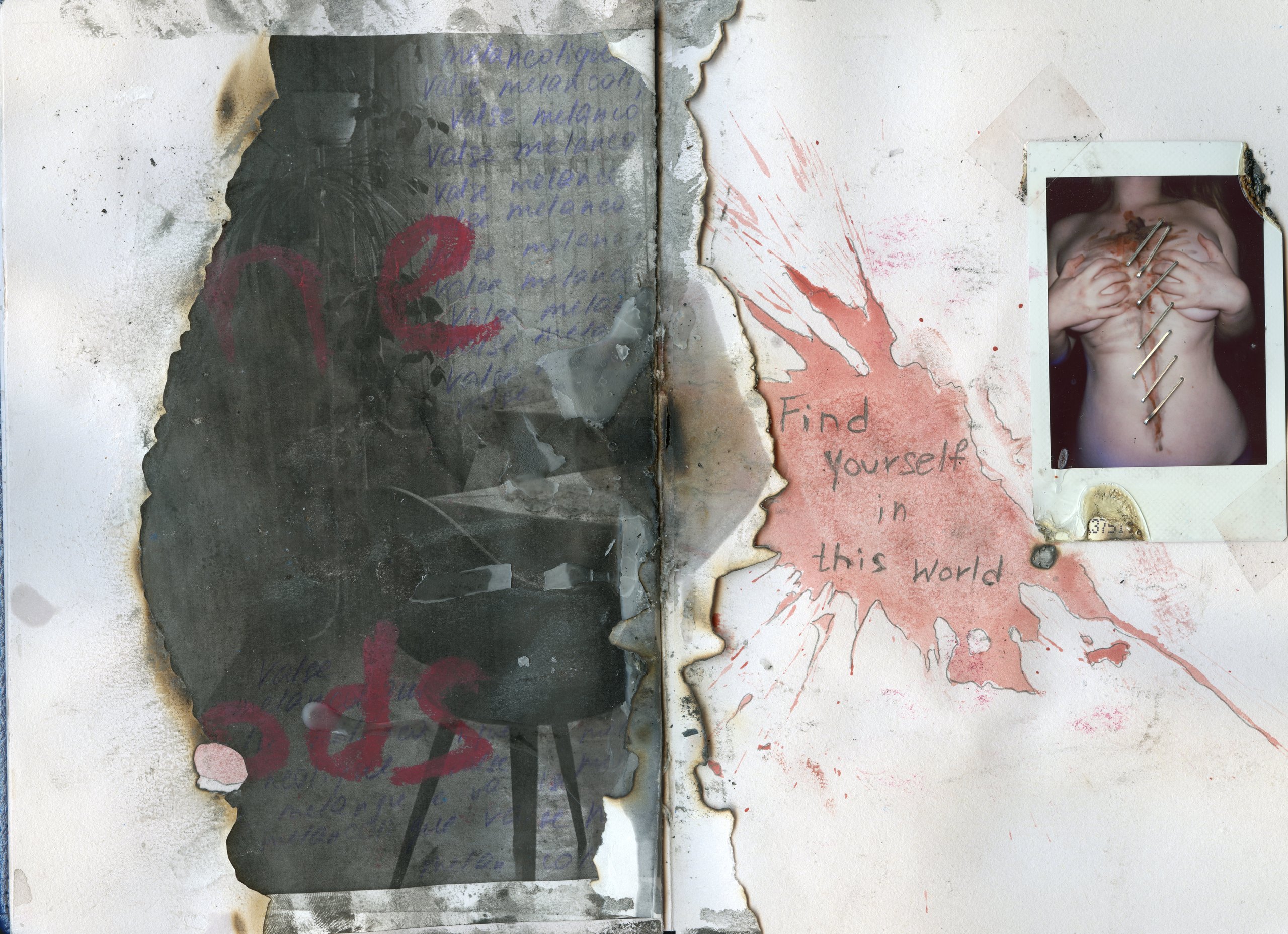 Burnt spread with a polaroid and the words Find yourself in this world