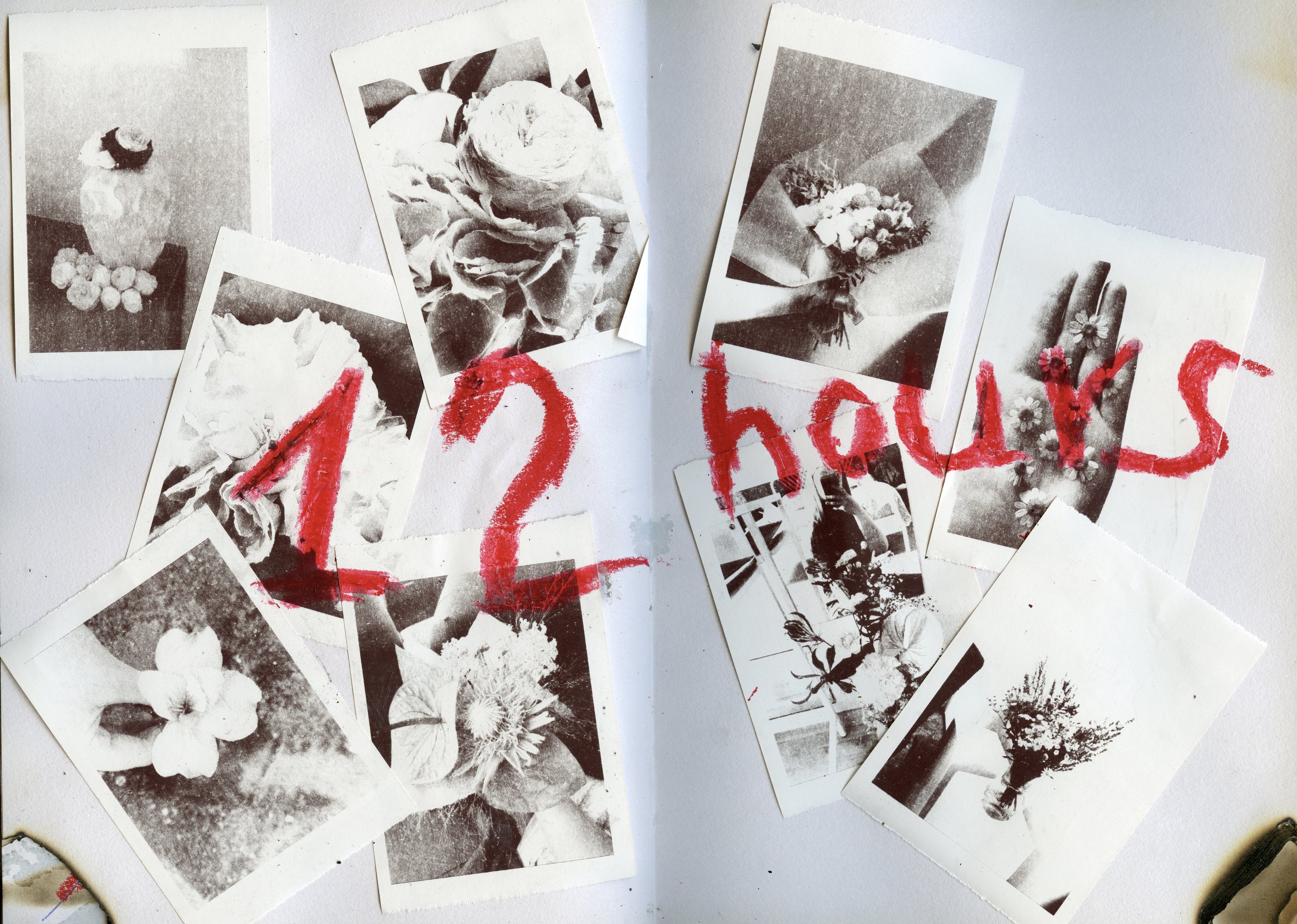Art book spreads titled 12 hours, with photographs and handwriting